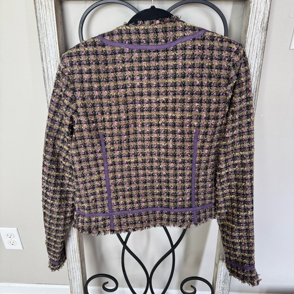 True Meaning Purple-Trim Bouclé Tweed Jacket Size L Open Front Fringe Trim‎ - Picture 3 of 8